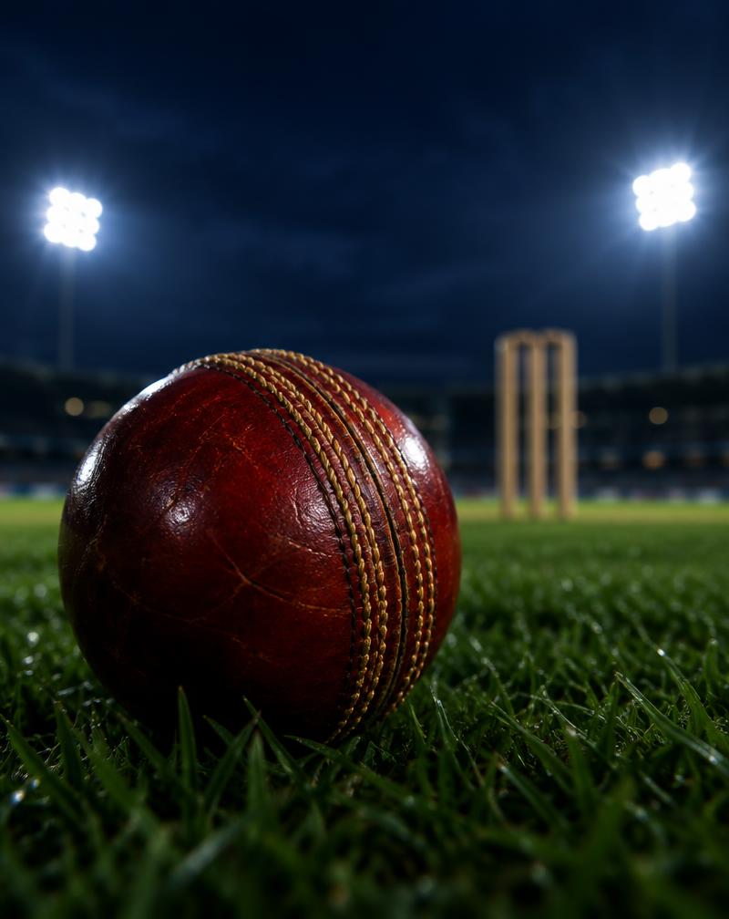 Red cricket ball on floodlit turf at Prakriti Playground